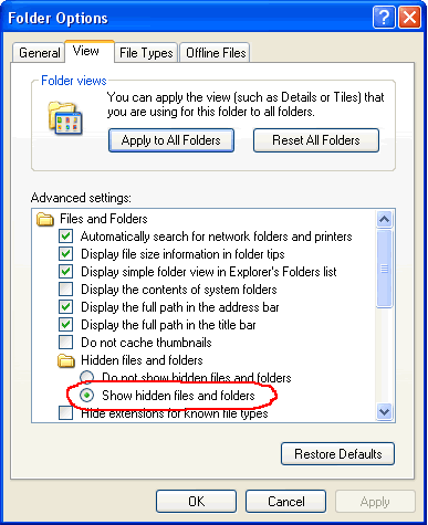 Windows Folder Options - Show hidden files and folders